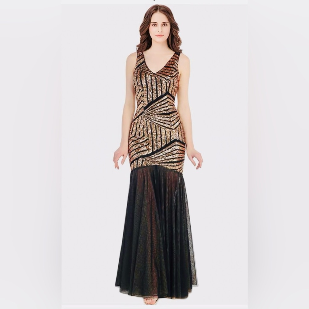 Cindy u.s.a. Elegant Black and Gold sequin Mermaid Evening Gown Sz.2